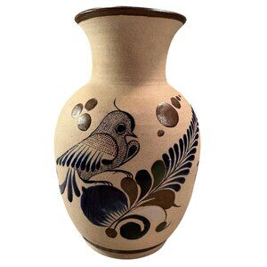 Mexican Folk Art Floral Vase Bird Sandstone Vintage Pottery Handcrafted Painted